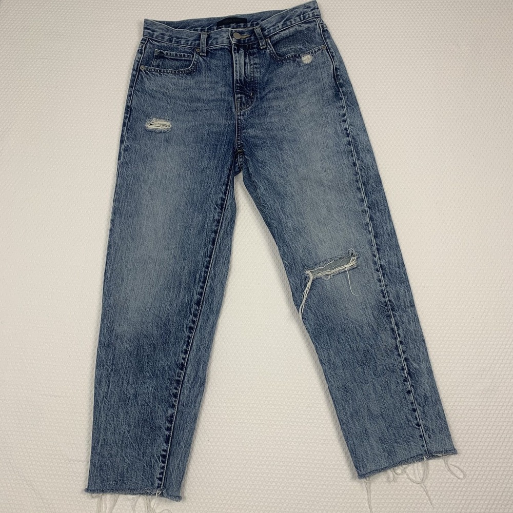 Uniqlo Distressed Tapered Jeans Women’s 24 Blue Relaxed Fit Raw Hem Cotton